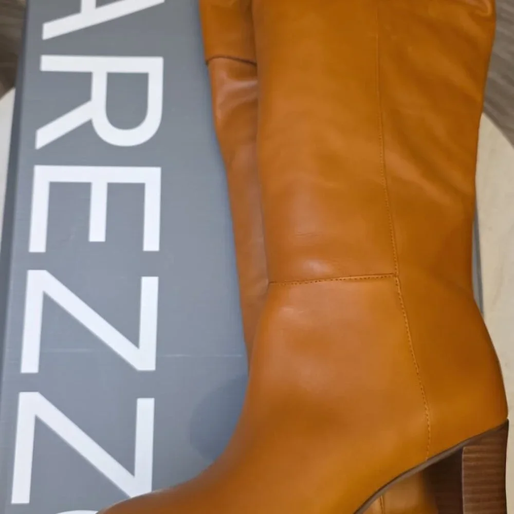 Arezzo Women's Vivian Leather Mid-Block Knee High Boots Caramel - Picture 2 of 4